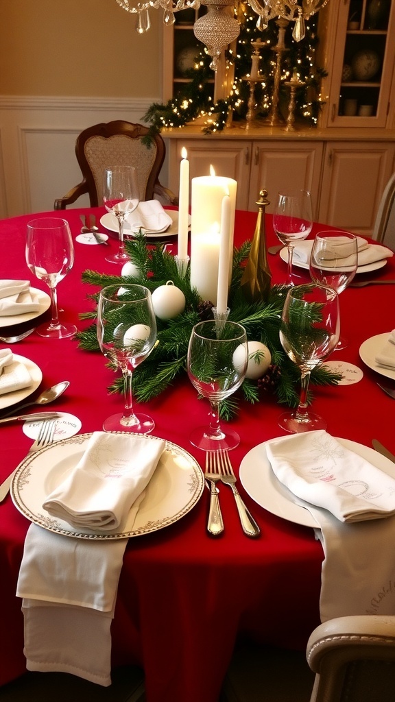 A classic Christmas table setting with red tablecloth, white china, silverware, and candles.